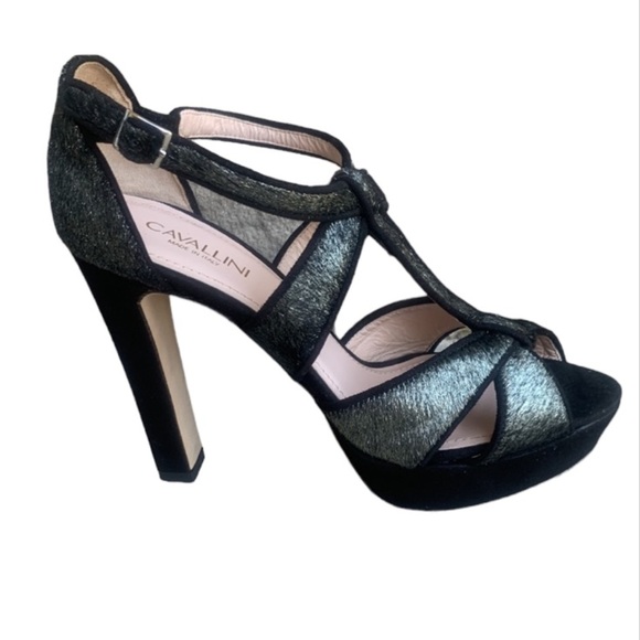 Cavallini Made In Italy Leather Iridescent Platform Peep Toe T Strap High Heels - Picture 1 of 14